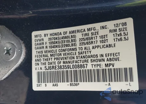 2009 Honda Cr-V Lx z USA, uszkodzony, nr VIN 5J6RE38359L008867